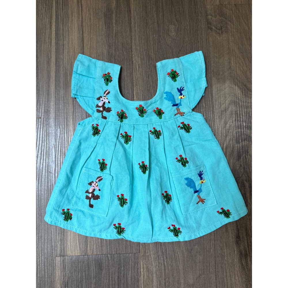 Road Runner & Coyote Baby Girl 0-3 Months Turquoise Mexican Embroidered Dress